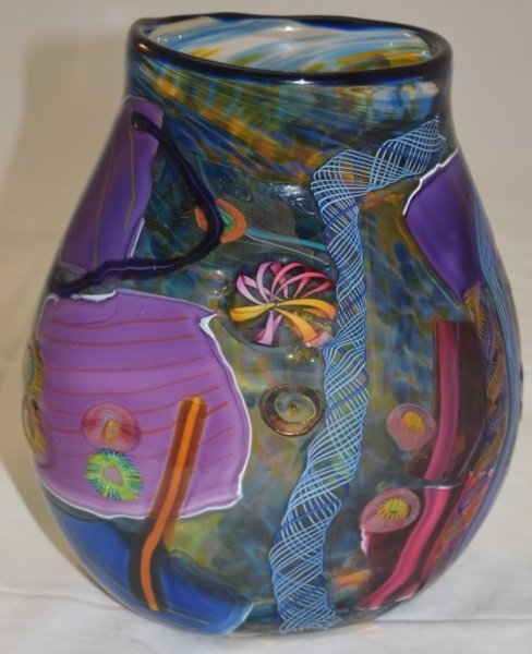 Molly Stone Signed American Art Glass Vase: Molly Stone, American studio art glass vase artist signed and dated 1996, numbered 4-441 7.5" x 4" x 9.5"