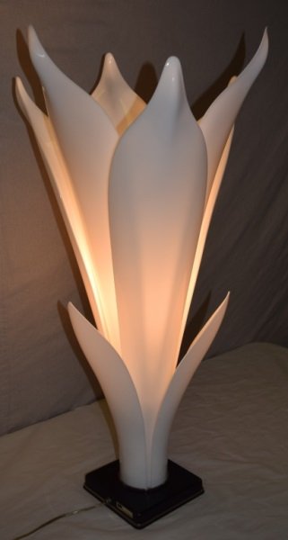 Rougier Lucite Lotus Floral Form Table Lamp: Rougier, Canada, table lamp lotus or tulip form. Acrylic white with a black base shows the original black and gold Rougier label. 20" dia x 37"