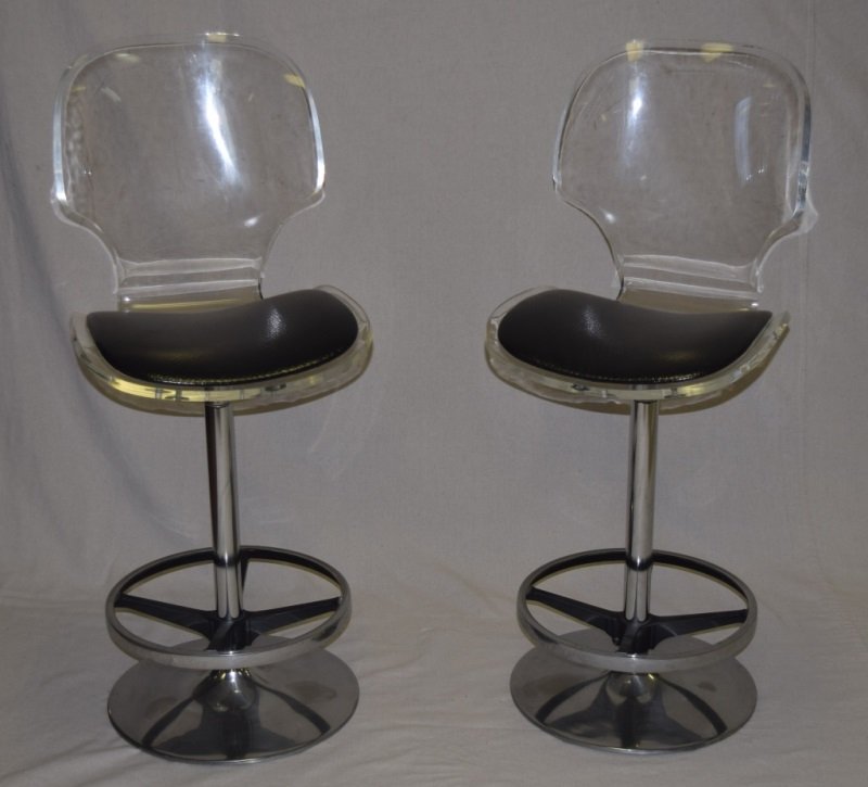 2 1990's Lucite Bar Stools w Pedestal Bases: 2 1990's molded Lucite bar stools with pedestal bases 18" x 20" x 43"