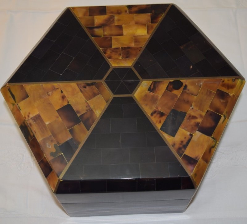Maitland Smith Tortoise Shell, Brass & Wood Box: Maitland Smith Tortoise shell and brass bound wood box. 11" x 11" x5"