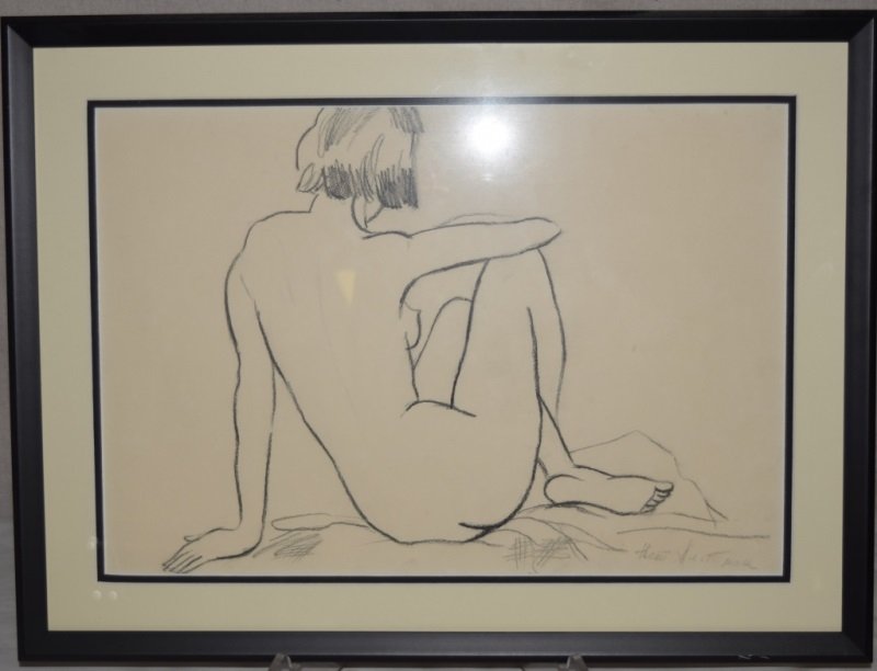 Natan Isaevich Altman 1889-1970 Signed Nude Sketch: Natan Isaevich Altman 1889-1970 signed nude sketch seated in a rear view pose. Charcoal on paper. Art measures 18.5" x 13" in a 23" x 17" frame