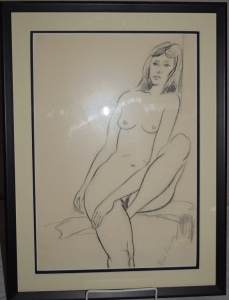 Natan Isaevich Altman 1889-1970 Signed Nude Sketch: Natan Isaevich Altman 1889-1970 signed nude sketch seated in a forward view pose. Charcoal on paper. Art measures 13" x 18.5" in a 17" x 23" frame