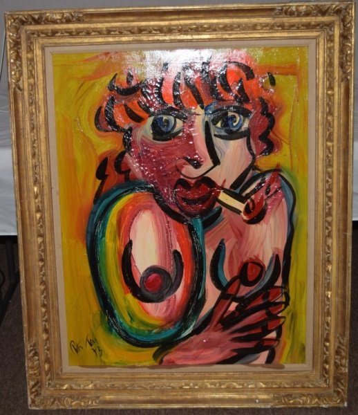 Peter Robert Keil "Smoking Nude Woman" Acrylic o/c: Peter Robert Keil "Smoking Nude Woman" Acrylic on canvas shows some crackature. Signed and dated 1973, Art measures 29" x 37" Frame measures 37" x 45".
