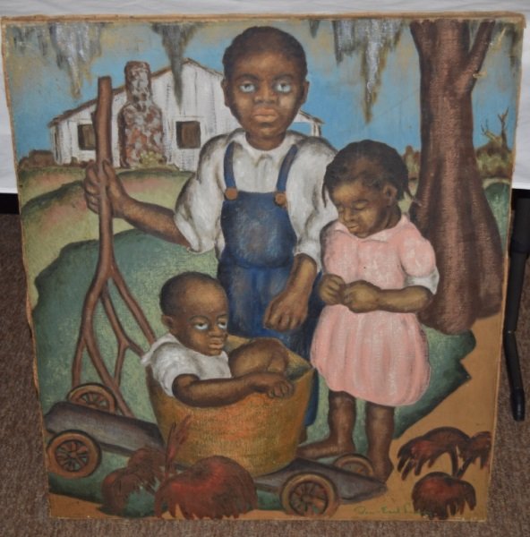 1930's WPA Highwayman Style Painting sg Looney: 1930's WPA or Highwayman style painting on canvas of a group of young African American children signed Ben Earl Looney (June 2, 1904 â€“ May 25, 1981)Louisiana artist. Paint is tight to the canva