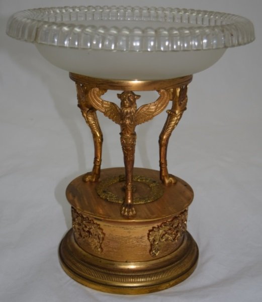 19C French Empire Dore Bronze & Crystal Compote: 19C French Empire Dore Bronze & Crystal Compote. wear to finish, ormolu reattached see photos 12" dia x 13.5"