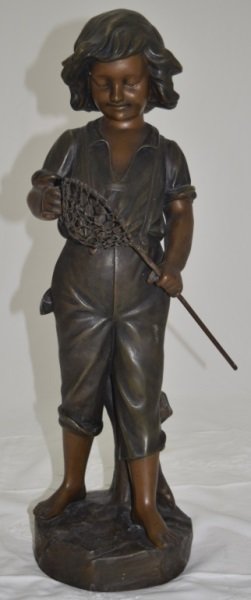 19C Aristide de Ranieri, Sculpture Boy Fishing: Aristide de Ranieri. Italy 1880 - 1914, Paris Foundry seal to base. 19th Century bronze patinated smelter figure of a boy with a fishing net. some wear to finish. 8" x 6" x 21.5"