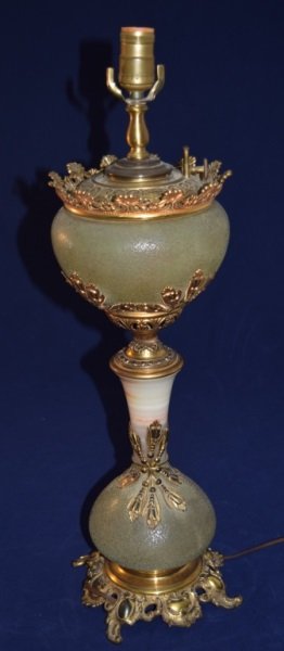 Bradley & Hubbard Alabaster Bronze Banquet Lamp: 19th Century oil lamp mfg by Bradley & Hubbard alabaster and bronze mounted banquet lamp with enamel finishes. 7.5" dia x 24" tall.