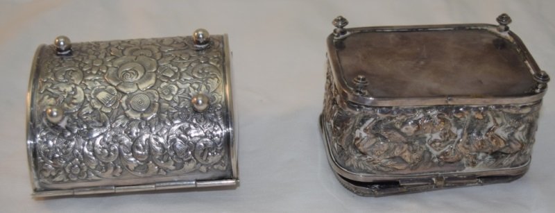 2 Sheffield Dresser Boxes, Hunting & Village Scene: 2 Sheffield boxes each embossed with village life and hunting scenes. The box with the hunting scene needs the hinge pin replaced.. wear to high points see photos. 3" x 4" x 2.5"