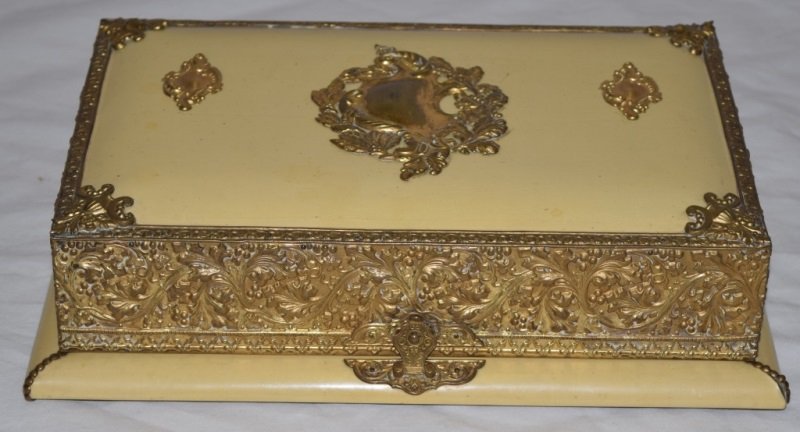 Celluloid Dresser Box Sex w/ French Dore Bronze: 19th Century celluloid French Bronze Dore ormolu dresser box. Gilt cast metal surrounds. Inside box contains; mirror, brush, small jar with lid, buffer, knife, and tweezers. 13" x 9" x 3"