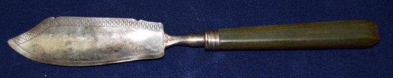 George III Tax Mark Georgian Silver Cheese Knife: George III tax mark Georgian sterling silver cheese knife with a colored ivory handle. Well hallmarked, see photos 1" x 7"