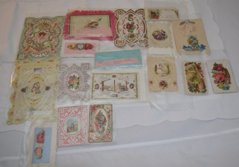 Collection of Paper Lace Valentine Cards/ Place: Lot includes 18 pieces. 1850's hand made collage, watercolor lace pieces. Mullord-London 1859-60 N.E.V. CO. 10- New England English - Oxford Shire custom(sending gloves) Louis Prang - Boston 1880's va