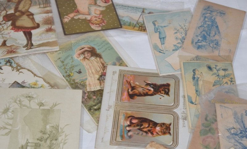 Collection of 19th C Ad Cards / Greeting Cards: Lot includes 30 pieces of print advertizing and gretting cards. All various companies. Hoyts, Cluett & Sons, Phelps, Dodge & Palmer, Trademare, Bufford, Prang, Tuck, etc.