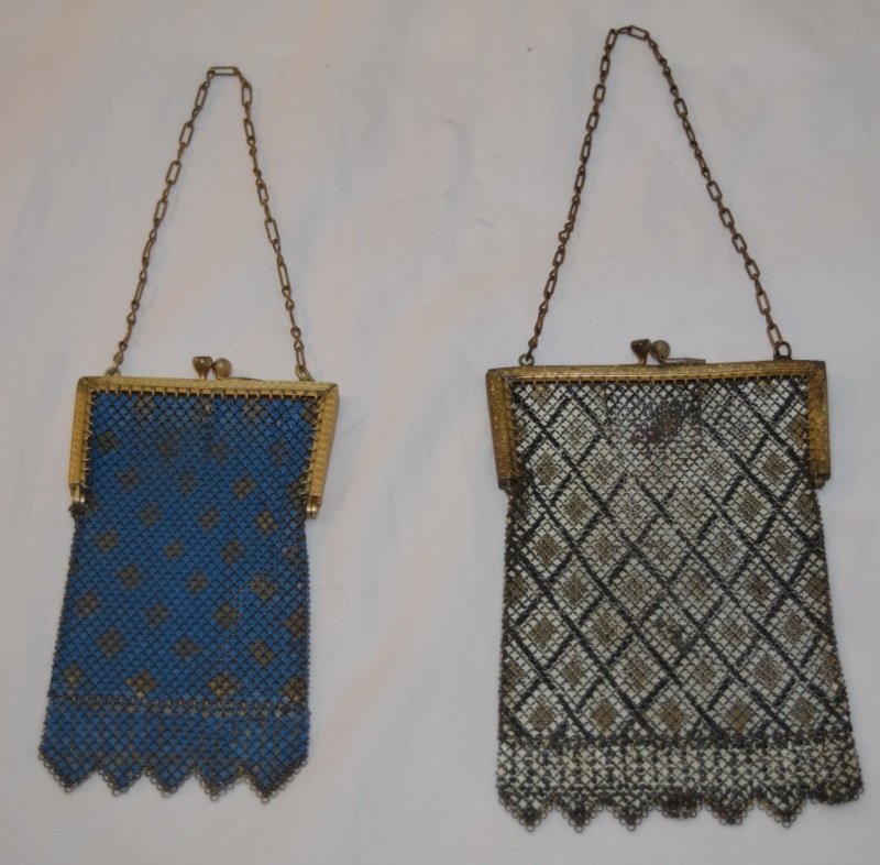2 Whiting and Davis "Elsah" Enameled Mesh Bags: Whiting and Davis "Elsah" enameled mesh art deco flapper handbags, one blue the other is black and white. Inside frame stamped "ELSAH." Blue measures 3" x 5.5" - 6" drop White measures 4" x 6" - 6" dr