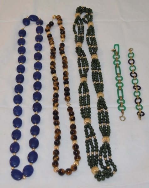 Five 14K Gold & Jade Beaded Necklaces & Bracelets: Lot of 3 necklaces and 2 bracelets, lot includes; Jade and 14K gold loop bracelet, measures 7" marked 14k. Jade and 14K gold loop bracelet with 2 tone, measures 7" marked 14k. Tiger eye & 14K Gold bea