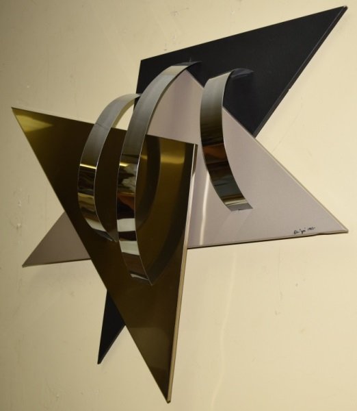 Jere Geometric Enameled & StainlessSteel Sculpture: Curtis Jere signed and dated 1990 geometric form enameled and stainless steel sculpture, one of two being sold 40" x 7" x 30" 1990