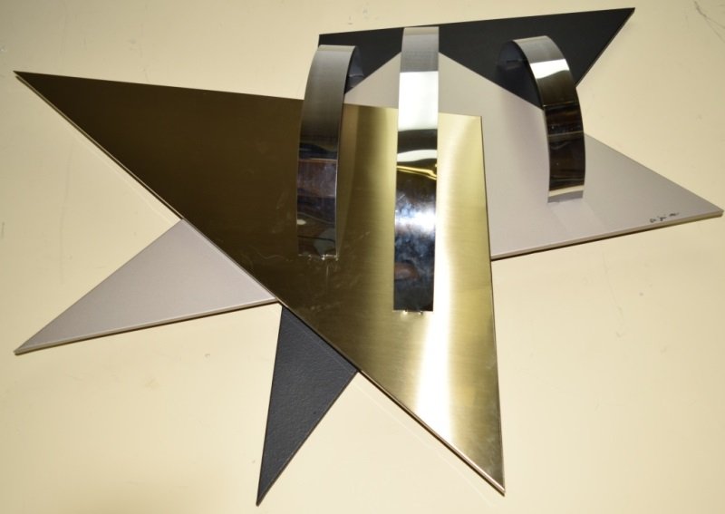 Jere Geometric Enamel & Stainless Steel Sculpture: Curtis Jere signed and dated 1990 geometric form enameled and stainless steel sculpture. Minor scratches to surface, see photos. 40" x 7" x 30" 1990 c jere