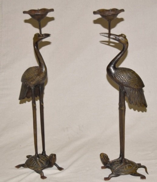 2 Large Oriental Bronze Prickets Cranes w Turtles (1 of 6)