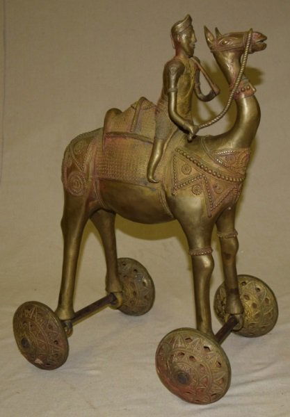 Indian Temple Toy Bronze Camel & Rider on Wheels (1 of 9)