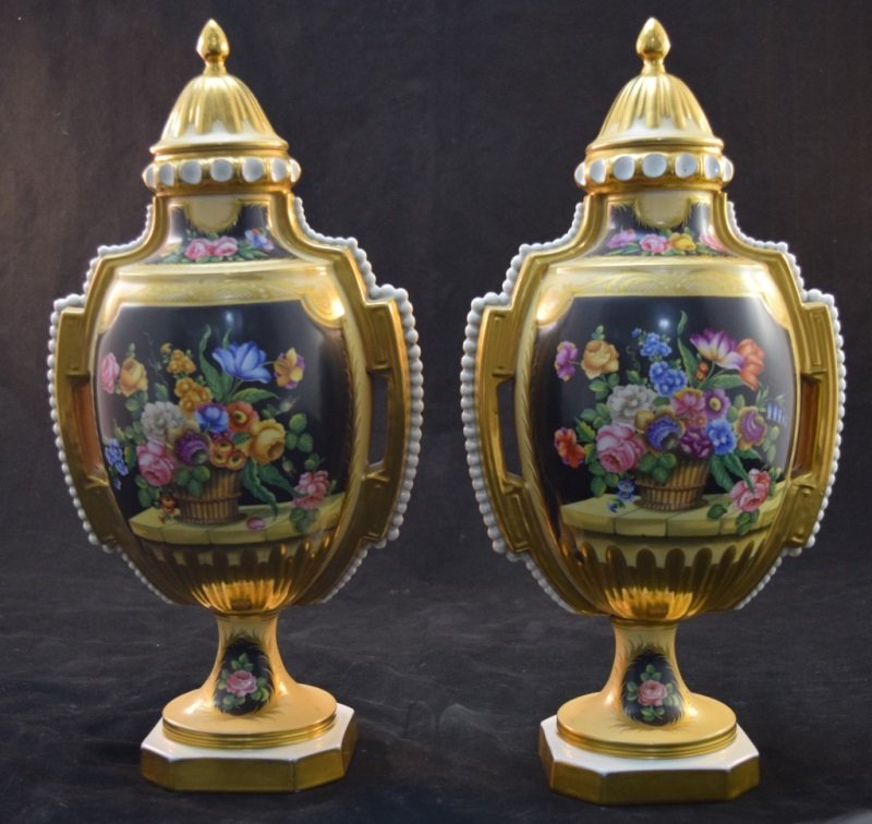 Pair Painted Floral & Gold Lidded Urns Sevres mark (1 of 10)
