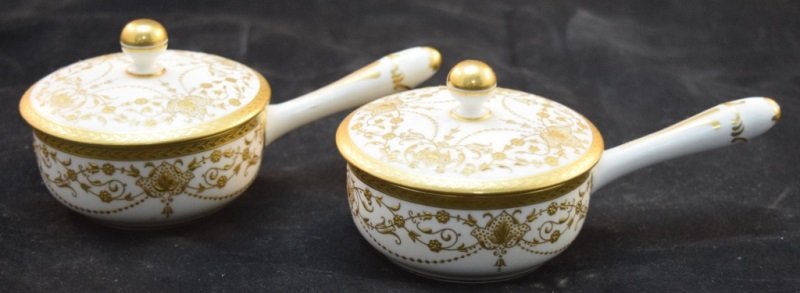 2-19C Minton Gold Porcelain Lidded Butter Ramekins: 2-19C Minton raised gold gilt and porcelain lidded butter or sauce ramekins retailed by Gilman & Cllamore NY,NY 5.5" x 3" x 2.75" 1880's