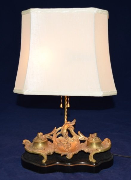 19C French Rococo Bronze Inkwell Mounted Desk Lamp (1 of 8)