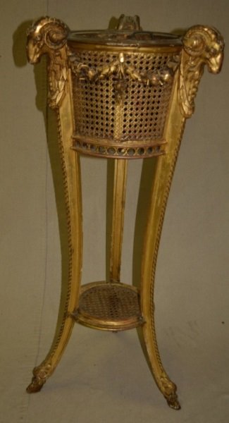 19C French Gild Wood Planter w Goats Heads & Feet: French 19th Century gild wood carved figural three-legged standing pedestal planter, with carved figures of goat-heads and paw feet. 19" dia x 39" tall 1890's