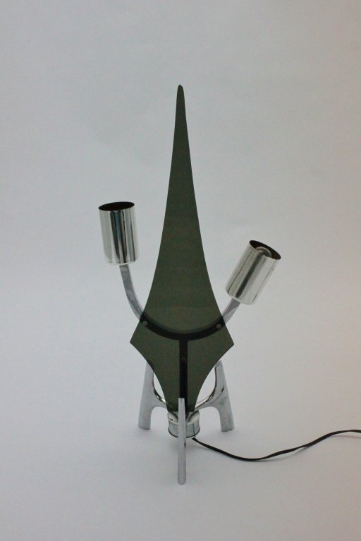 60's French Chrome & Smoked Lucite Atomic Age Lamp: 1960's, Mid Century Modern French chrome and smoked Lucite sputnik lamp with two lite arms on a chrome rocket ship base. Manner of Robert Sonneman. Very good, working condition. 7" d x 22.5" 1960's