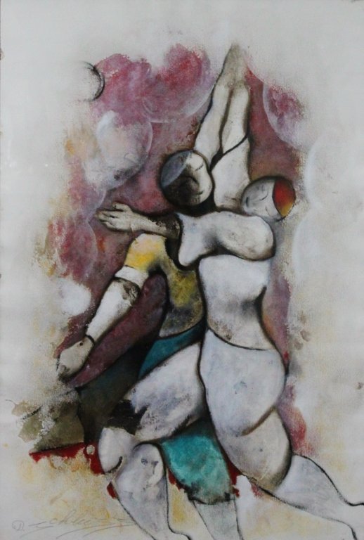 David Schluss (Israeli, b1943) Gouache "Dancers" (1 of 3)