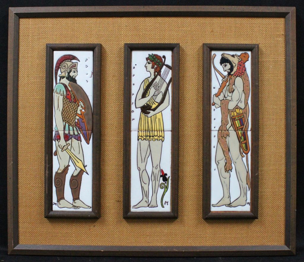 1960's Mythological Triptych Zeus Apollo Hercules: 1960's Greek Mythological Triptych on glazed terracotta tiles depicting the gods Zeus, Apollo and Hercules Very clean, in excellent original condition. Frame measures 22' x 19" 22" x 19"