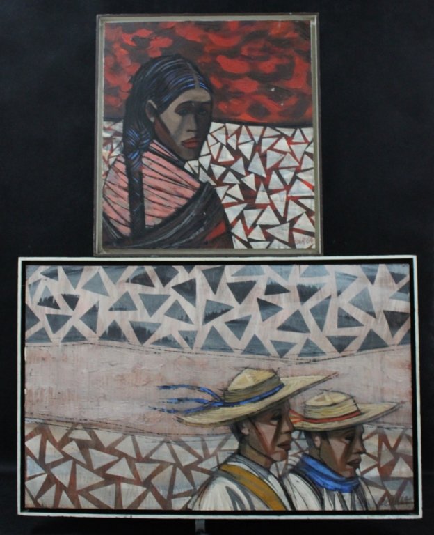 2-Besser "64" Latin Cubist Modern Paintings: (2) Oil paintings on masonite signed, "Besser 64". Latin or Mexican Cubist Modern Paintings titled, "Compadres" and "Prieta Linda", respectively. Paint is tight to the masonite, may need some cleaning