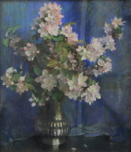 Laura Coombs Hills Pastel on Paper. Apple Blossoms: Laura Coombs Hills, (American, 1859–1952). Original pastel on paper. Subject: Apple Blossoms. Art measures 18" x 21" Frame measures 20.5" x 23.5"