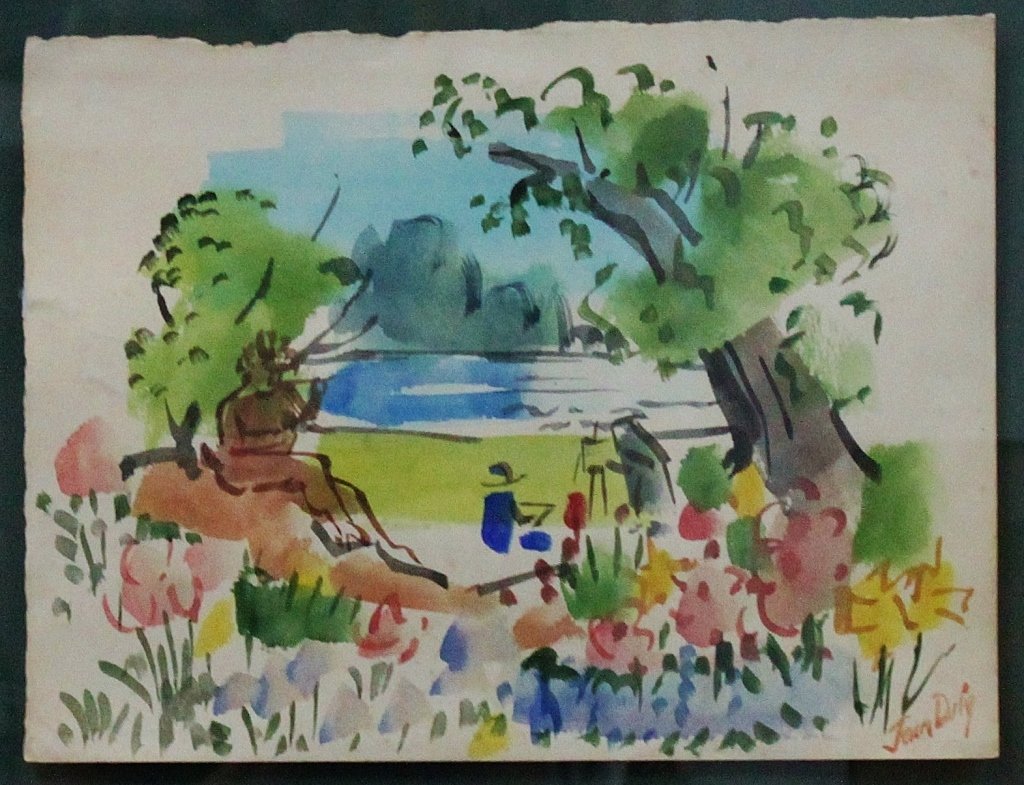 Jean Dufy, (French,1888-1964) Watercolor on Paper: Jean Dufy, (French,1888-1964)., Watercolor on Paper, "Artist by the Lake". Paper shows appropriate age and is in very good/excellent condition. From a down sizing estate collection, re-framed by its l