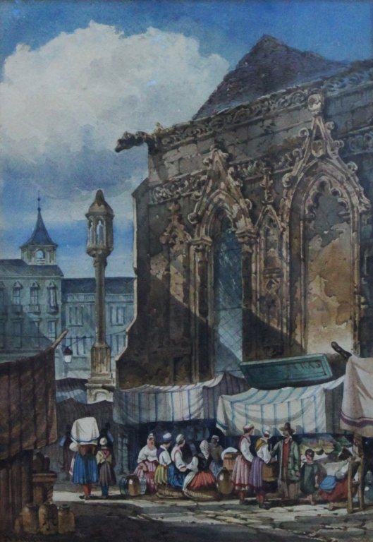 George Henry Jenkins Jr (1868-1919) Watercolor: George Henry Jenkins Junior, (English, 1868-1919). Watercolor on paper depicting a market place in Clovelly, North Devon. Signed, lower left. Excellent well kept original condition with bright colors.