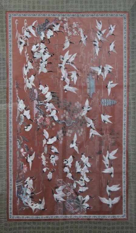 Chinese Hand Embroidered Silk Panel Cranes in Lake (1 of 3)