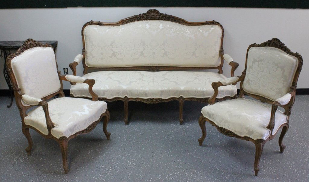 (3) Pc. French Carved Settee / Chairs. Louis XVI (1 of 10)