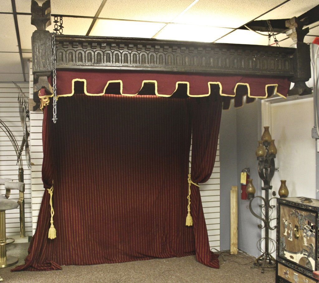 17th Century Carved Wood Canopy for King Bed: 17th century carved wood Tester or canopy for king size bed, with heavy, dark red gold threaded twill draperies and gold silk tassels. Cantilever mounting with chain suspension.. 84" x 77" x 24" 17th