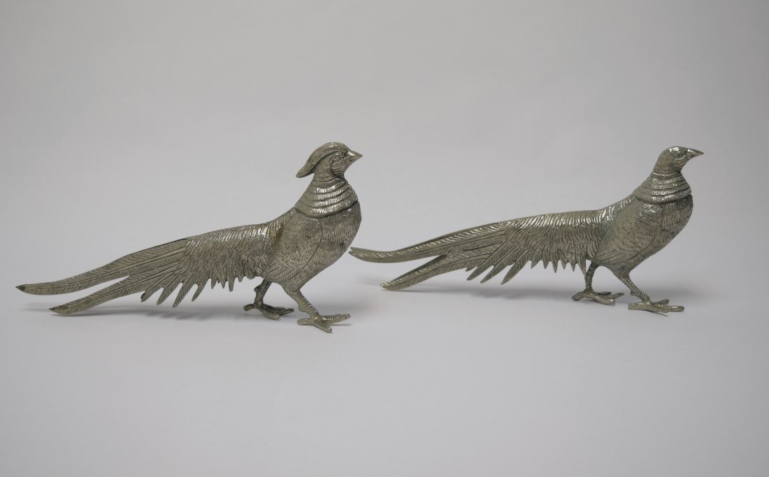 Vintage Pr. of Silvered Bronze Ring Neck Pheasants (1 of 8)