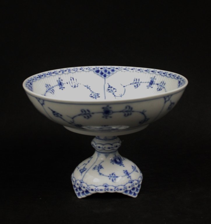 Royal Copenhagen Blue Fluted Half Lace Compote: Royal Copenhagen Blue Fluted Half Lace Compote. Designed by the art director and designer Arnold Krog in 1888, painted with cobalt blue pigment on white porcelain. Stamped and numbered 573 (bowl), 513