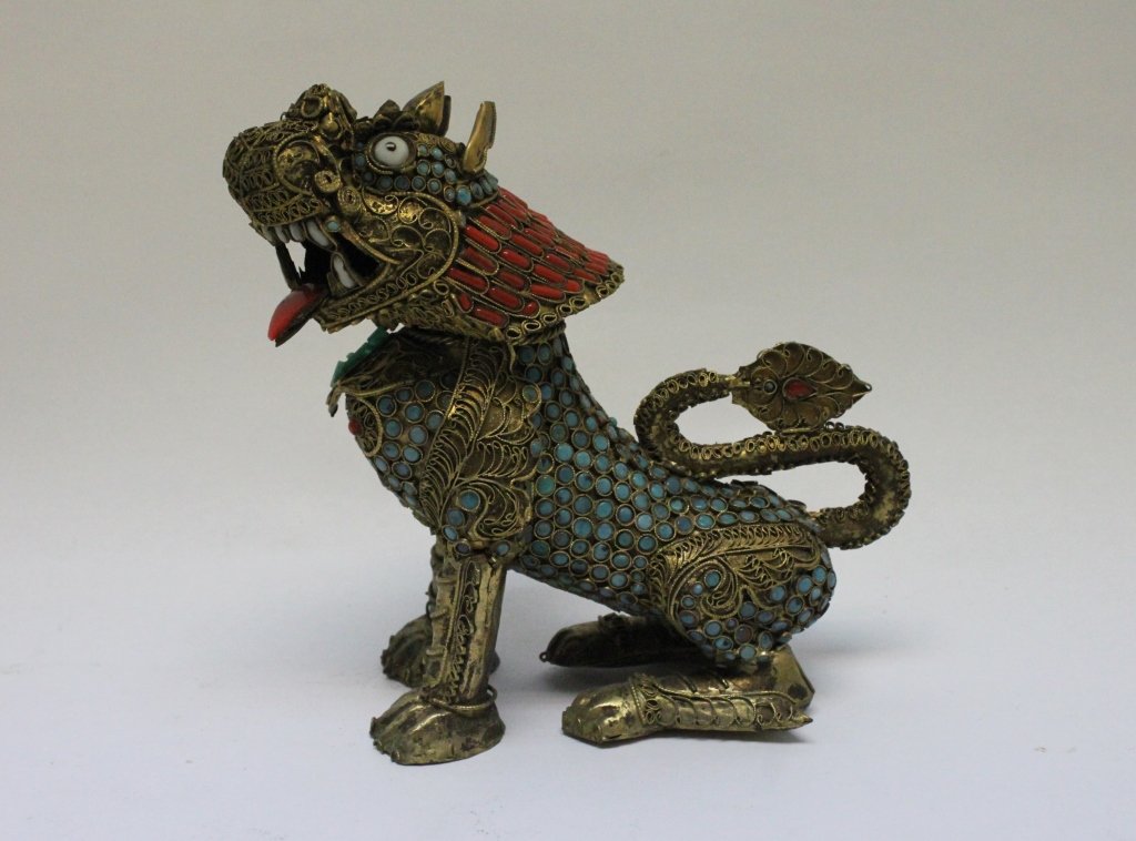 Antique Brass Turquoise Coral Chinese Foo Dog Lion (1 of 8)