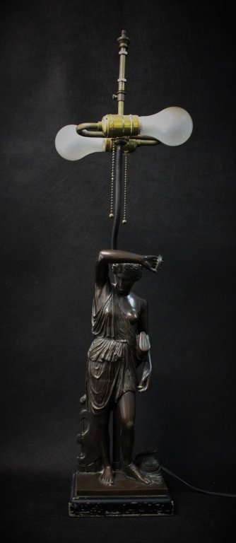 19th C. French Bronze Diana the Huntress: 19th century French bronze sculpture depicting Diana the Huntress. Now mounted as a lamp, drilled to base. French foundry mark reads: "REDUCTION MECANIQUE A LE COLLAS BREVETE" Bronze measures 6" x 4" 