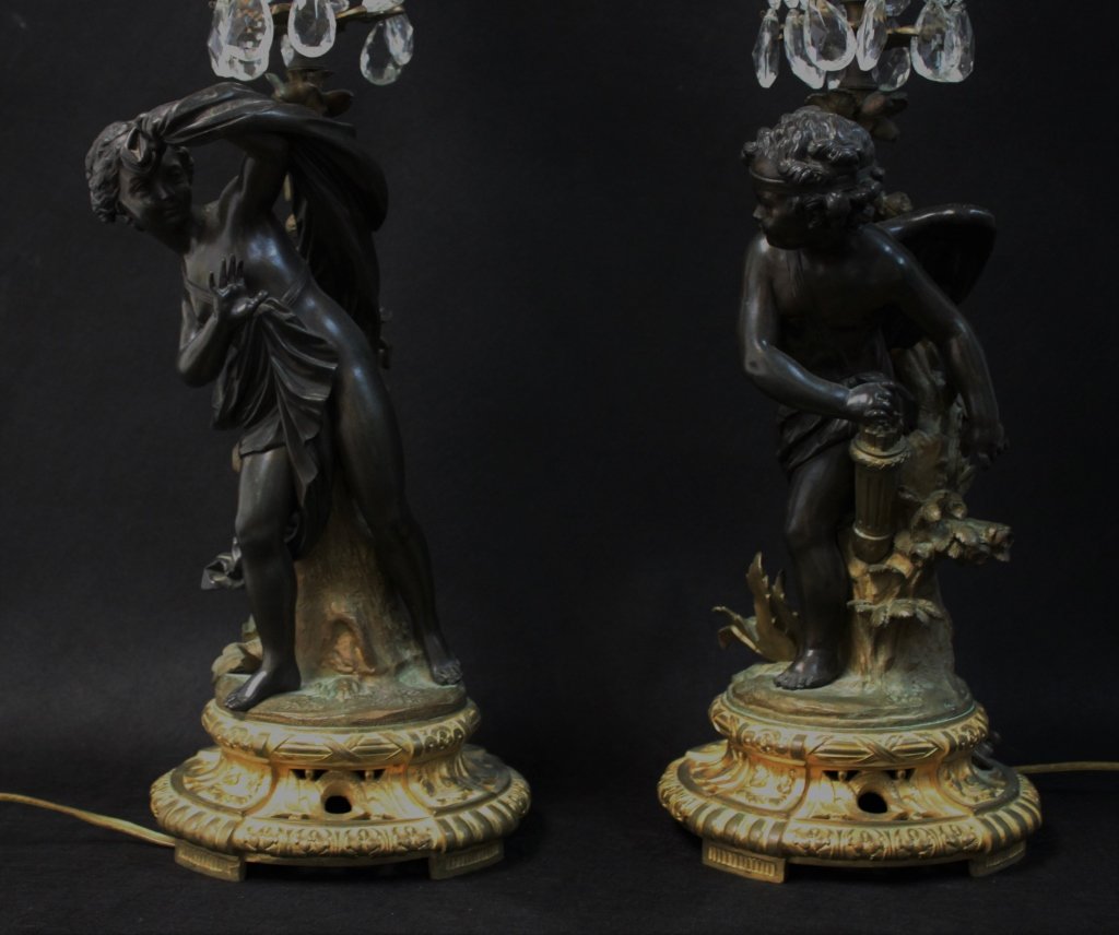 Pair 19th C. Figural Bronze Boudoir Lamps w/ Cupid (1 of 10)