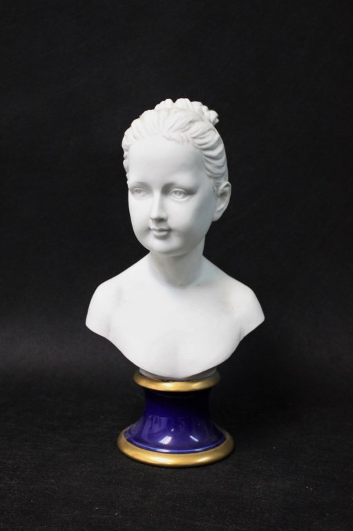 Vintage KPM Bust of a Girl Signed, "Pucci": Vintage KPM porcelain bust of a girl. KPM stamped en verso, and signed, "Pucci". Measures 6" x 4" x 11.5"