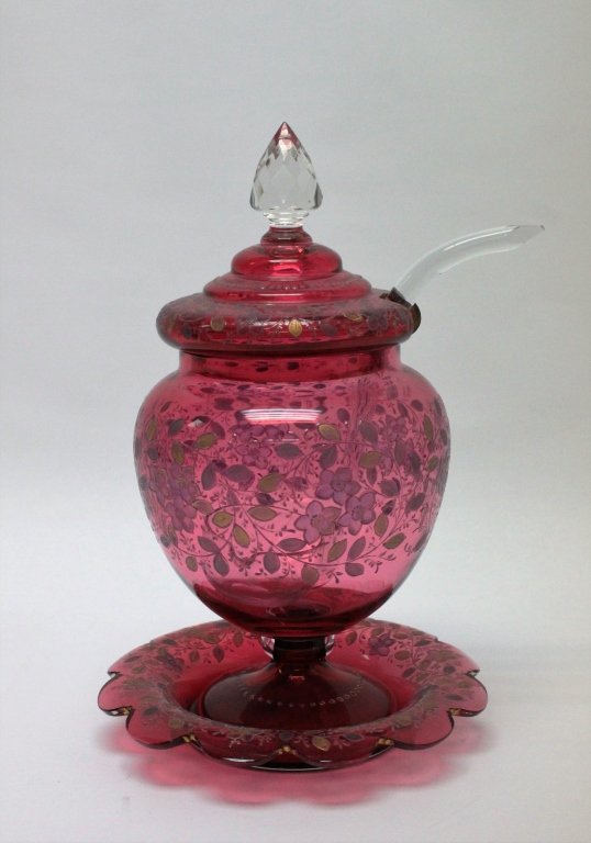 Moser Enameled Cranberry Glass Lidded Compote (1 of 5)