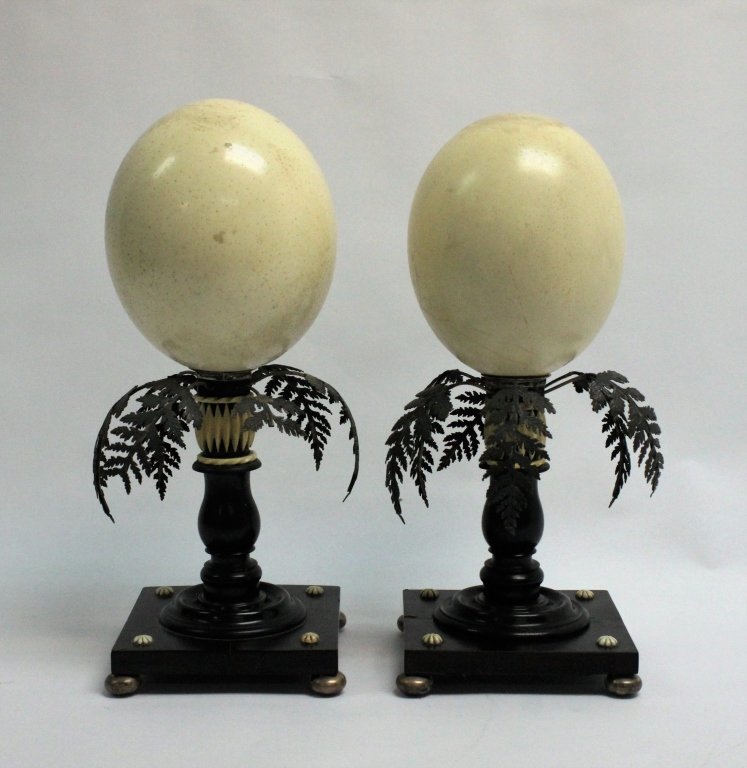 Pair Antique Ostrich Eggs on Empire Style Stands: Antique pair of ostrich eggs mounted on Empire style ebony wood stands which are decorated with carved bone and silver plated fern leaves as well as silver plated ball feet. Circa early 20th century. 