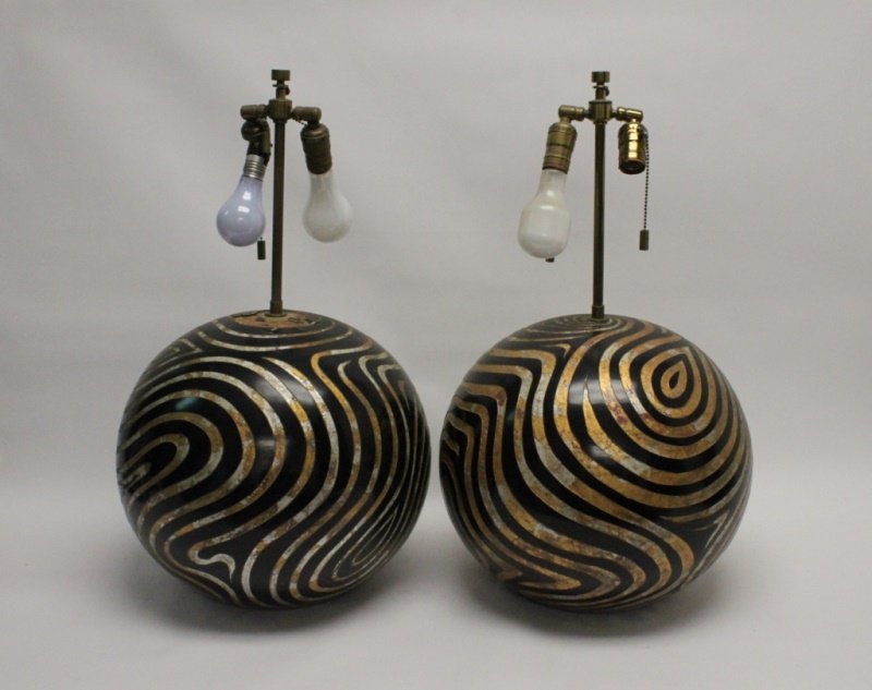 (2) Karl Springer Sphere Form Overlaid Wood Lamps (1 of 10)