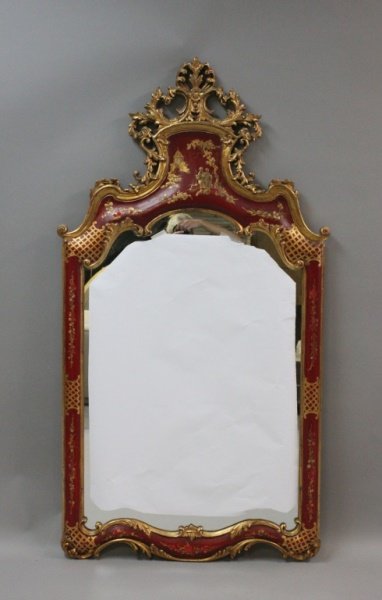 30's Chinese Chippendale Red & Gold Lacquer Mirror (1 of 8)