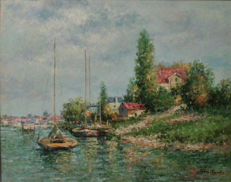 John Ford Clymer (American, 1907-1989) O/C: John Ford Clymer (American, 1907-1989) oil painting on canvas depicting boats at a harbor entrance. Signed "John Clymer", lower right. Excellent condition. Art measures 30" x 24" Frame measures 38" x