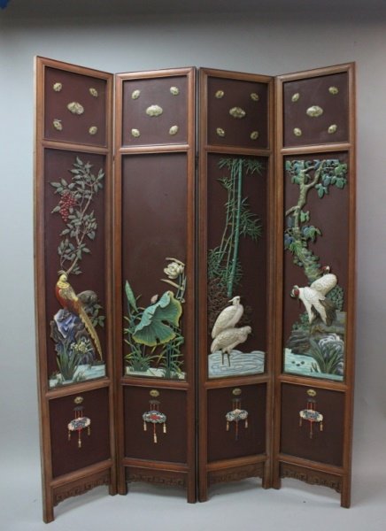 Qing Dynasty 4 Panel Cloisonne Mounted Room Screen (1 of 10)