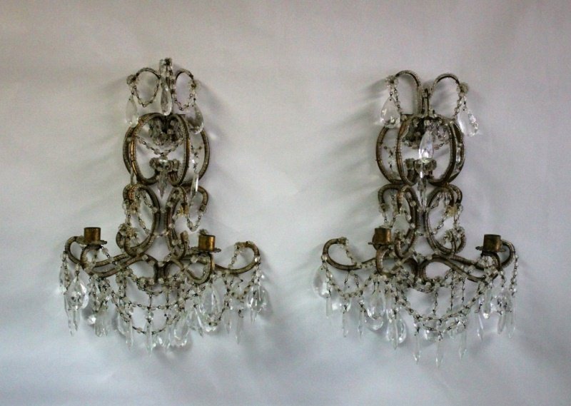 (2) Regency Beaded & Crystal Bronze Wall Sconces (1 of 9)
