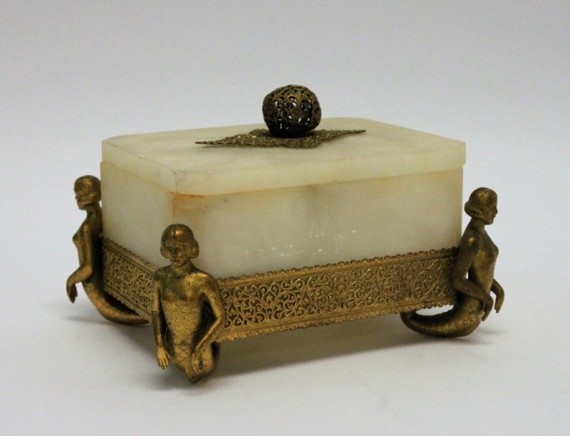 Art Deco Period Alabaster Box w Mermaid Mounts (1 of 9)